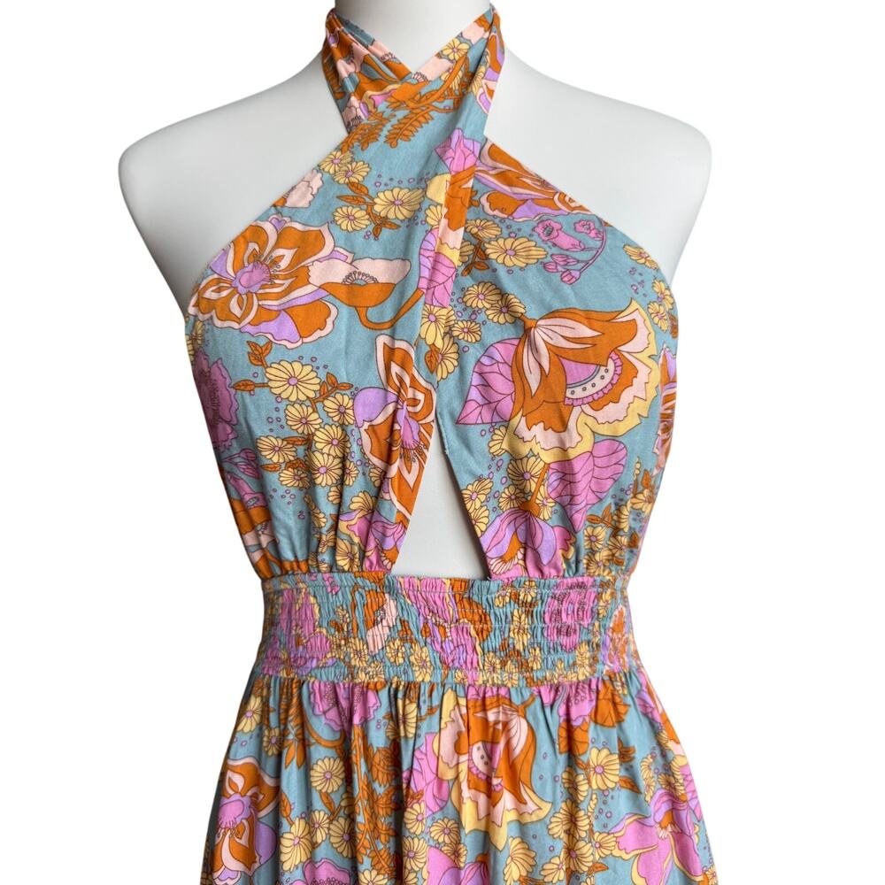 Floral Halter Maxi Dress in Orange & Pink - Picture 3 of 7